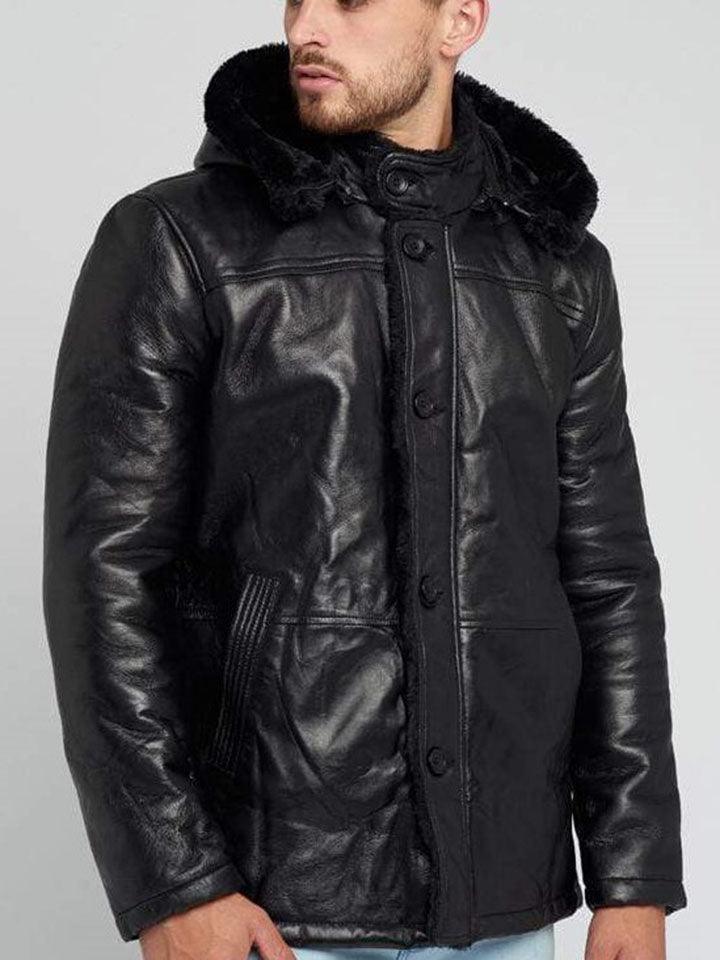 Black Detachable Hood Men's Shearling Fur Leather Coat - Free Shipping ...